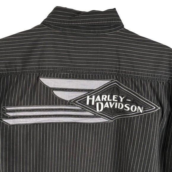 Harley-Davidson Mens L Black Striped Short Sleeve Button-Up Mechanic Shirt Biker - Picture 9 of 16